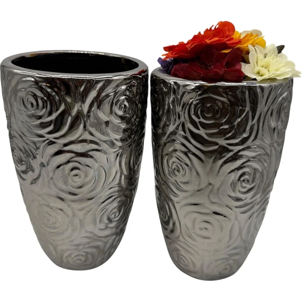 Silver Chrome Rose Textured Vase Set 2 Piece Metallic Floral Home Decor